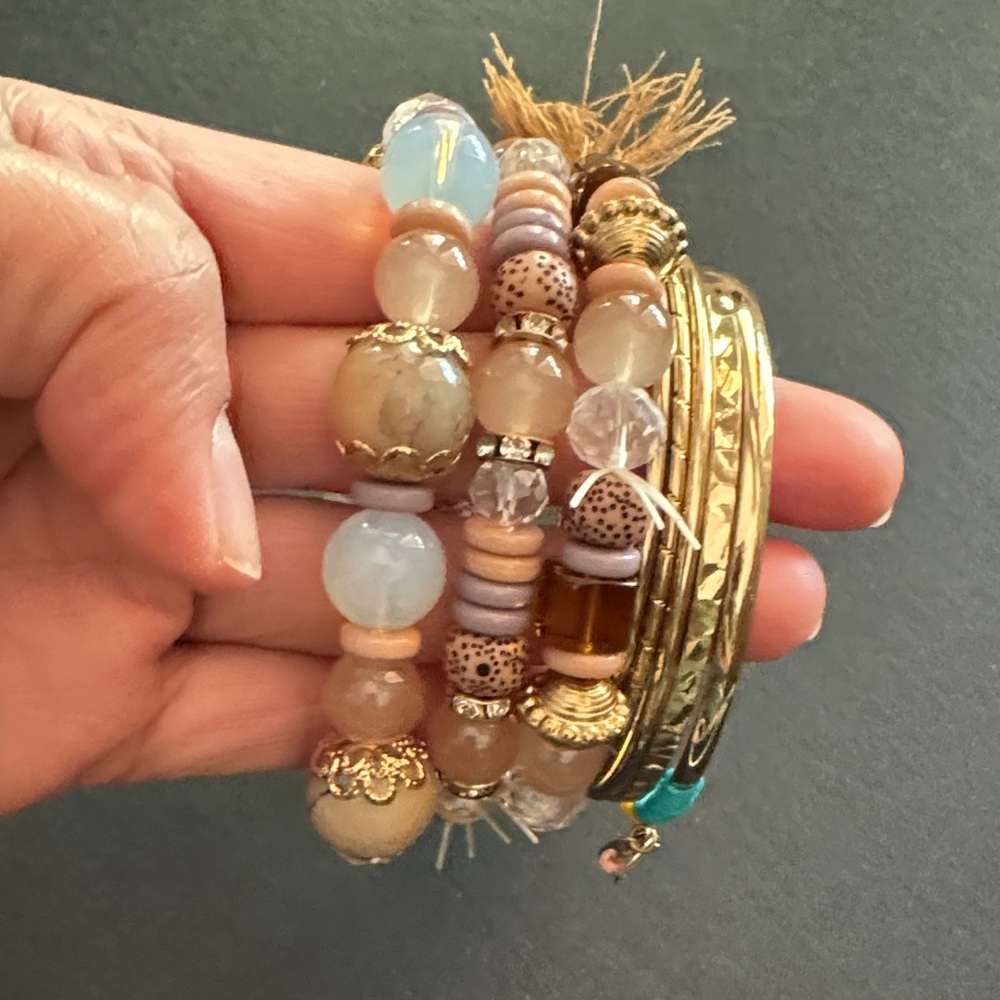 Beige and Gold Stretch Bracelet Set - Women Jewelry